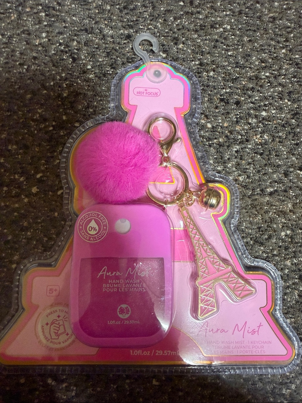 Pink Hand Sanitizer Mist Keychain with Pom Pom and Eiffel Charm